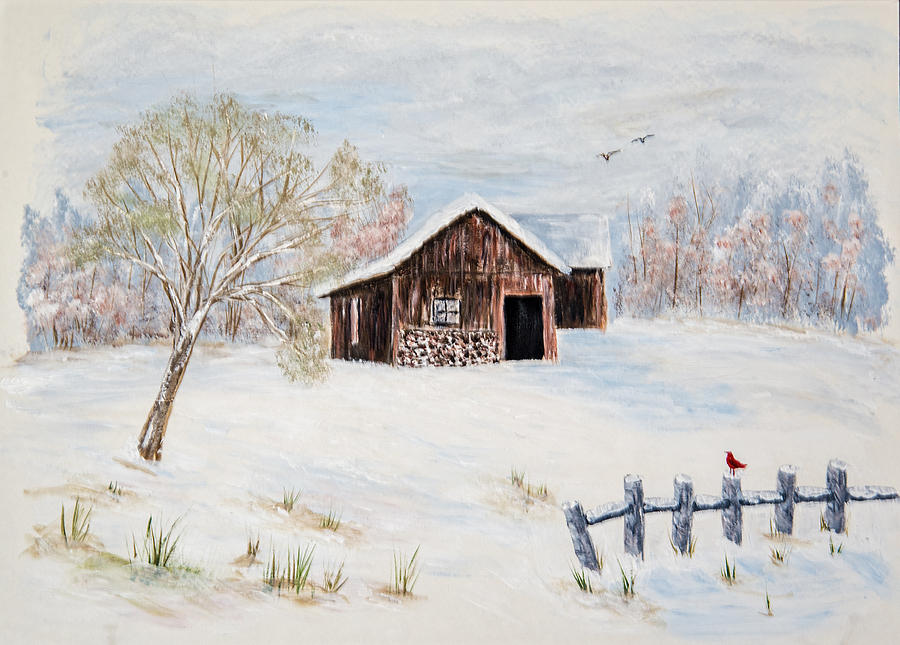 Barn Painting - Cardinal on Fence by Carole F Perrine