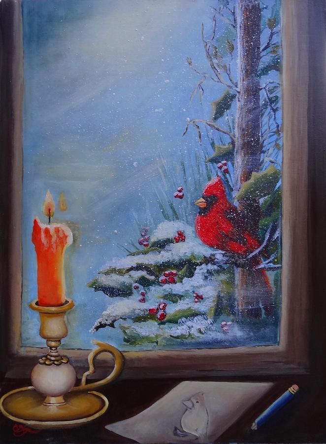 Snow Scene Painting - Cardinal Pose by Fineartist Ellen