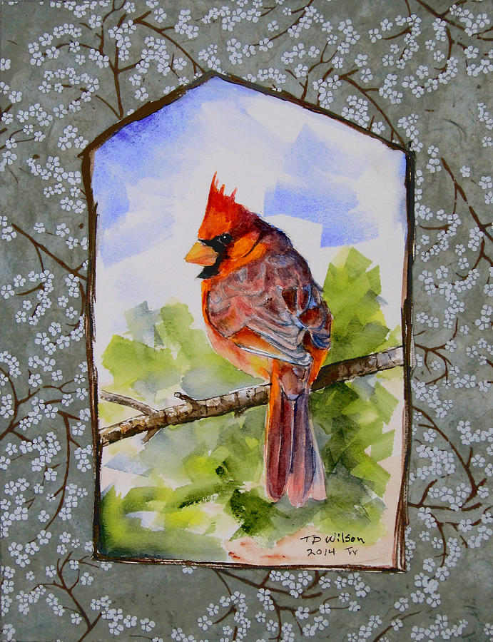 Cardinal with Jaggy Border-green Painting by TD Wilson
