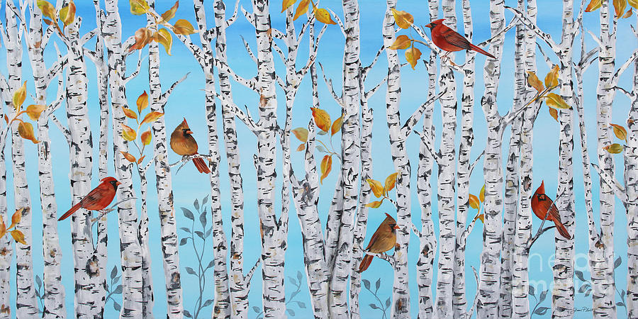 Cardinals Among the Birch-JP2061 Painting by Jean Plout