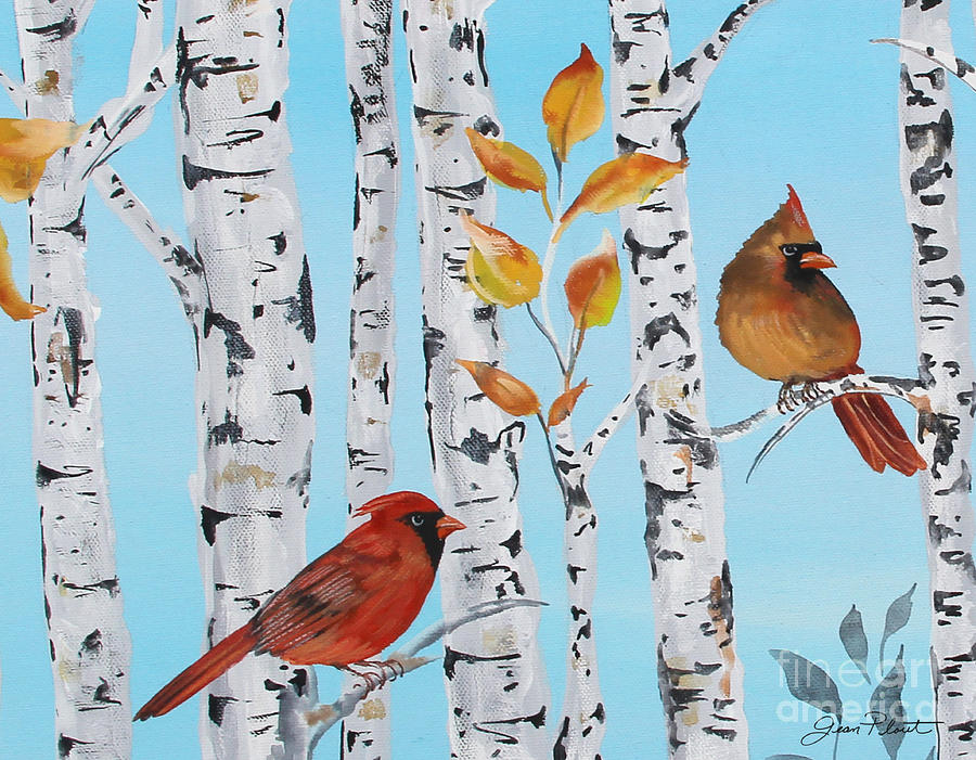 Cardinals Among the Birch-D Painting by Jean Plout