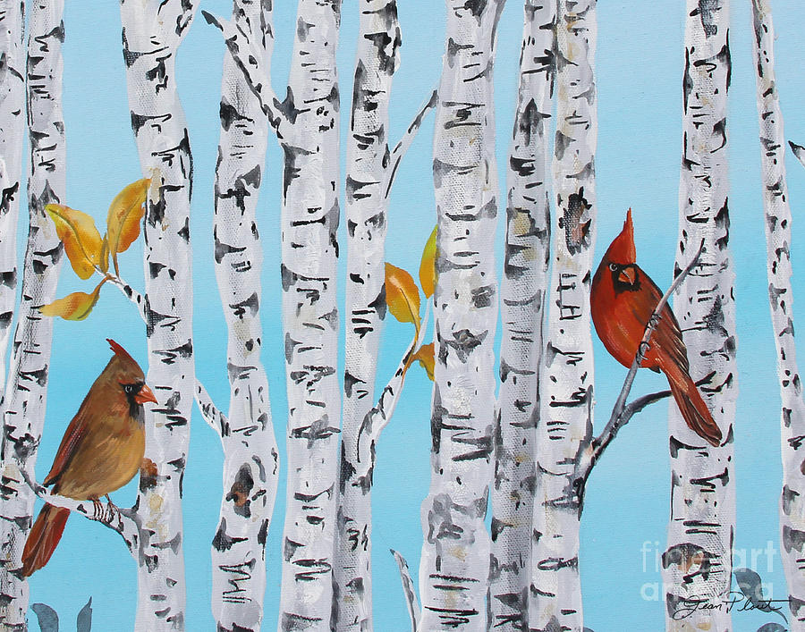 Cardinals Among the Birch-E Painting by Jean Plout