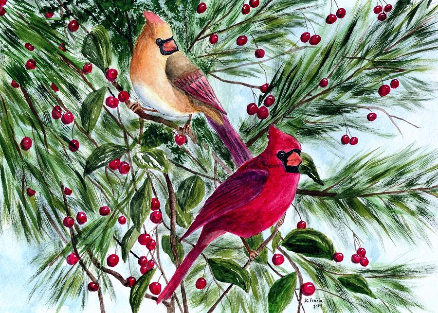 Cardinals and Berries Painting by B Kathleen Fannin