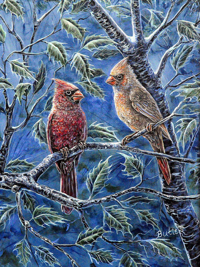 Cardinals And Holly Painting by Gail Butler