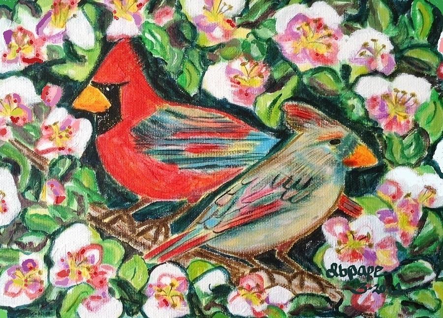 Cardinals in an Apple Tree Painting by Diane Pape