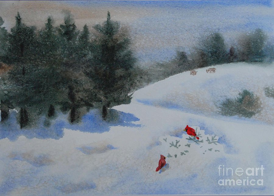 Cardinals in snowy landscape with pines and deer Painting by Heidi E Nelson