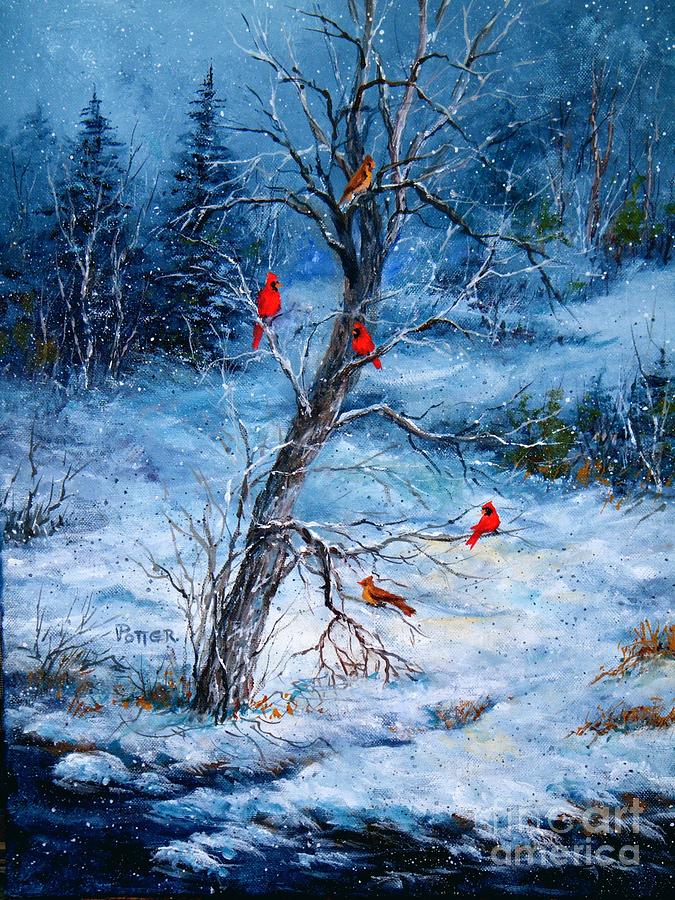 Cardinals in Winter Painting by Virginia Potter