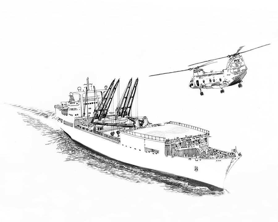 Merchant Marine cargo ship at work Drawing by Jack Pumphrey