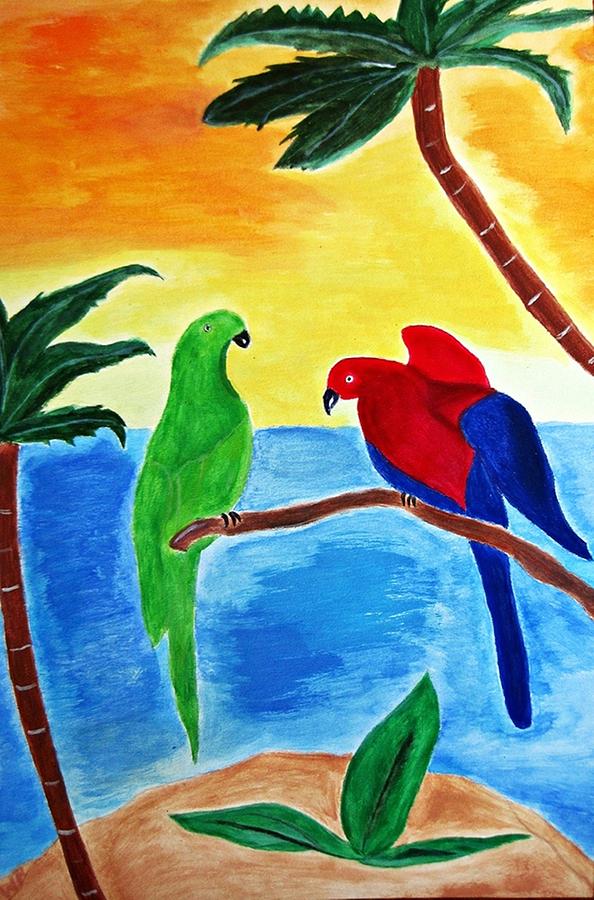Bird Painting - Caribbean Macaws by Waheeda Ramnath