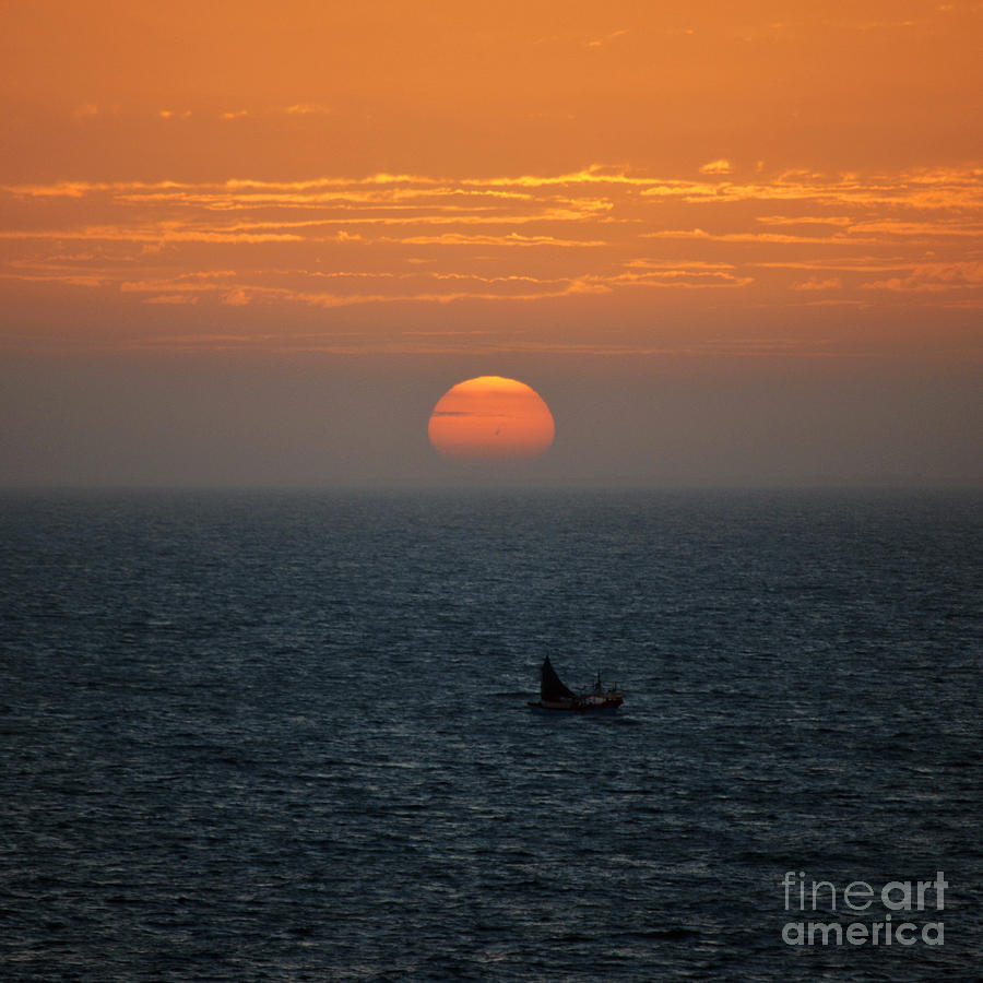 Caribbean Sunrise over Cozumel Mexico with Fishing Skiff in Foreground Square Format Photograph by Shawn OBrien