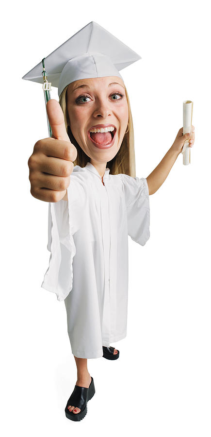 Caricature Of Young Lady In Graduation Gown And Cap Diploma In One Hand And Thumbs Up Smiling Photograph by Photodisc