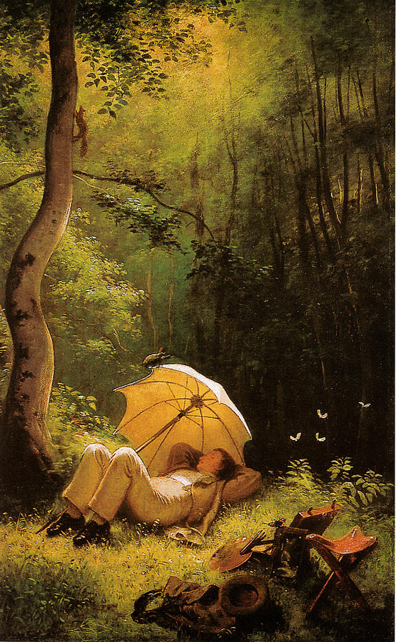 Carl Spitzweg Der Maler auf einer Waldlichtung unter einem Schirm liegend Painting by MotionAge Designs