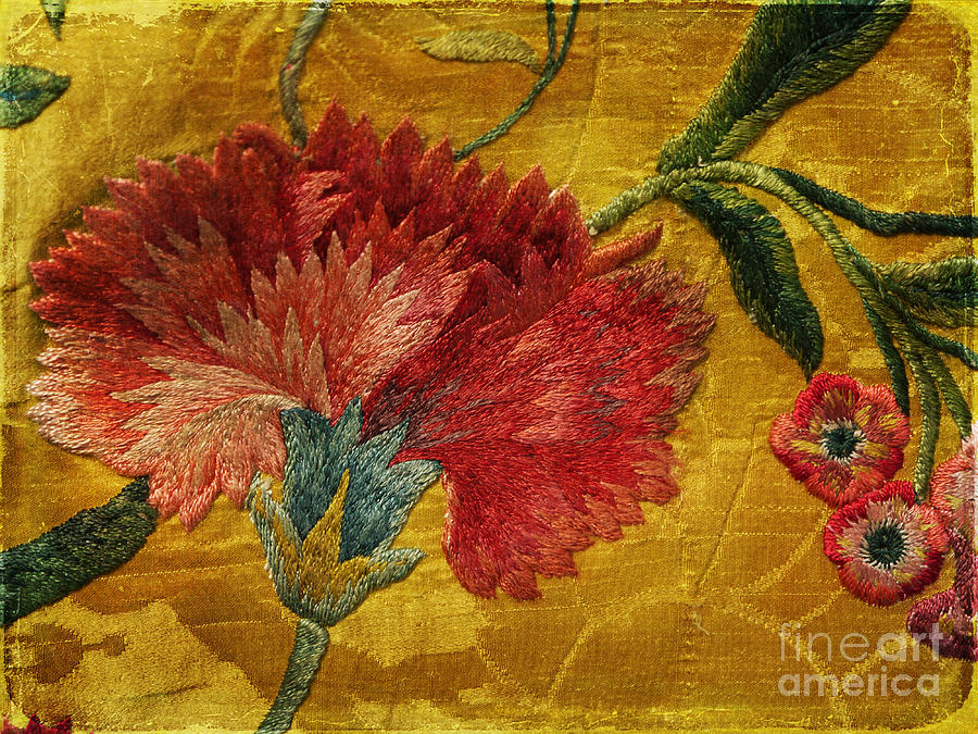 Carnation embroidered on silk brocade Photograph by Brenda Kean