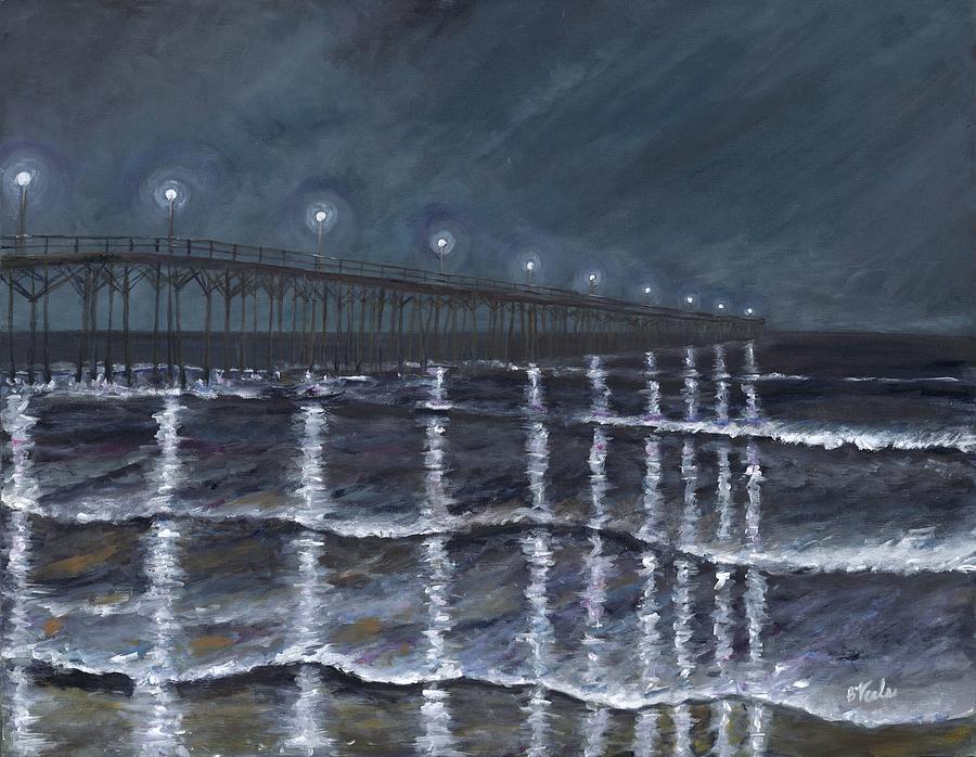 Carolina Beach Pier by Night Painting by Bev Veals