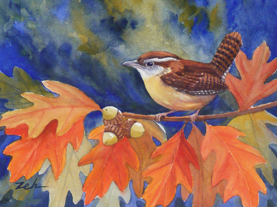 Carolina Wren in Autumn Painting by Janet Zeh