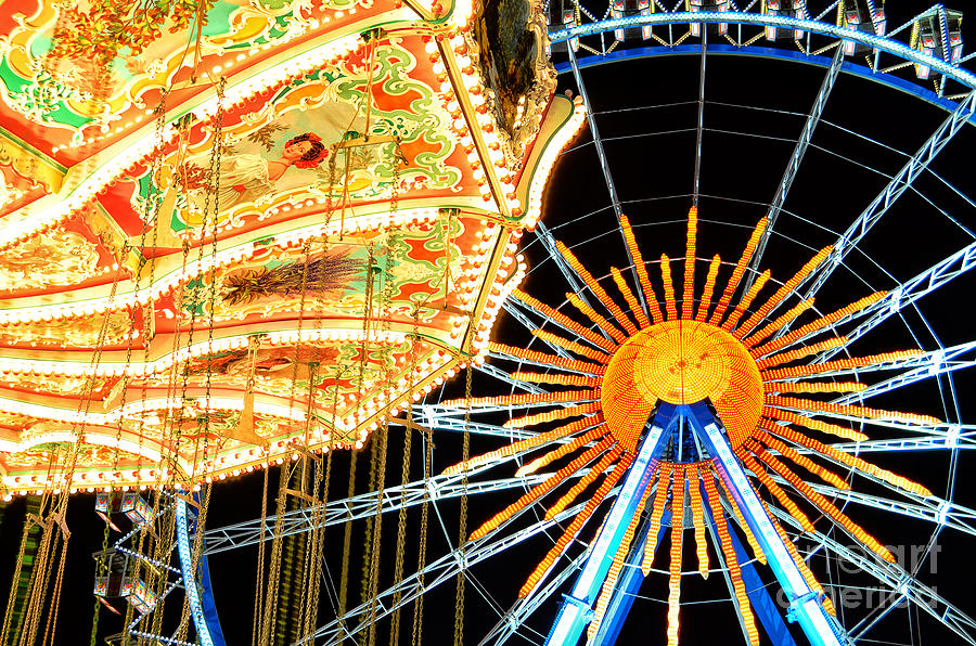 Carousel and Ferries Wheel at Night at the Octoberfest in Munich Photograph by Sabine Jacobs