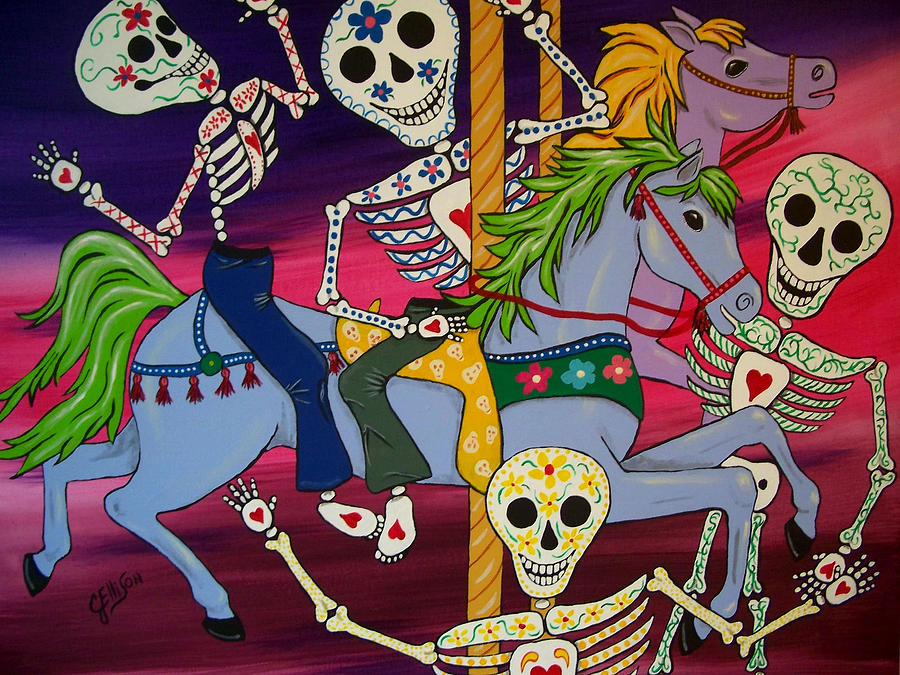 Horse Painting - Carousel Horses and Skeletons by Julie Ellison