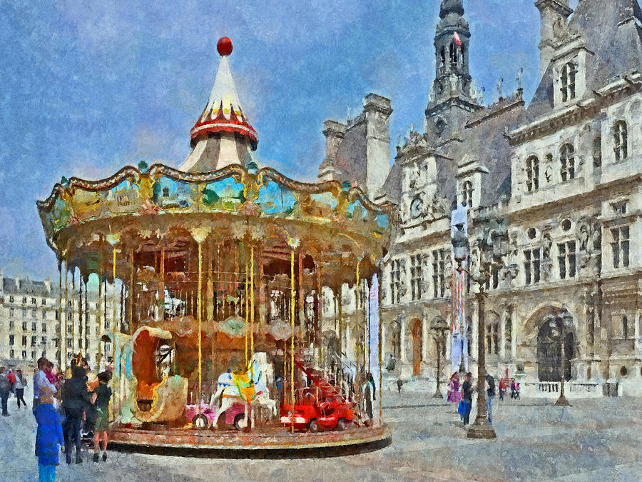 Carousel in Front of the Hotel de Ville in Paris Digital Art by Digital Photographic Arts