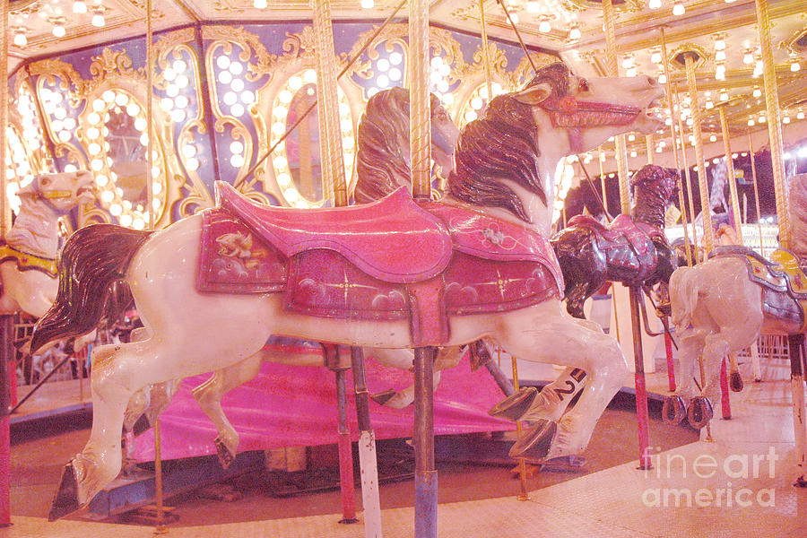 Carousel Merry Go Round Horses - Dreamy Baby Pink Carousel Horses Carnival Rides At Night  Photograph by Kathy Fornal