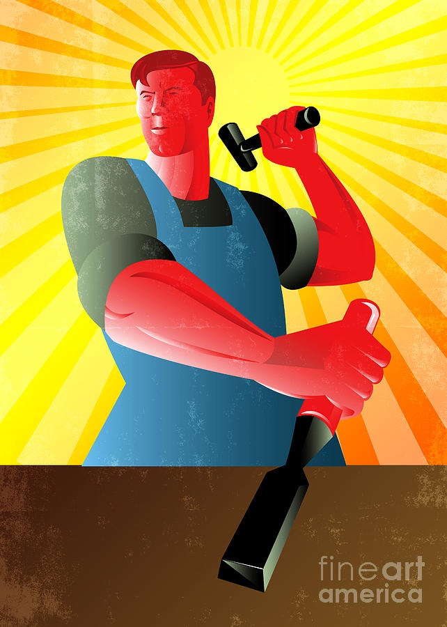 Hammer Digital Art - Carpenter Striking Hammer Chisel Poster Retro by Aloysius Patrimonio