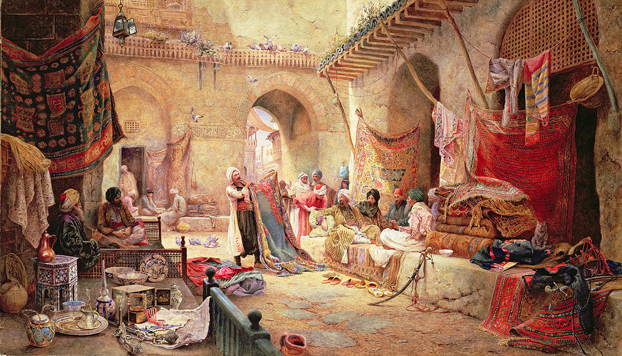Carpet Bazaar, Cairo, 1887 Painting by Charles Robertson