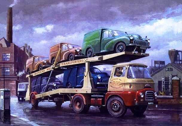 Carrimore car transporter at Longbridge. Painting by Mike Jeffries