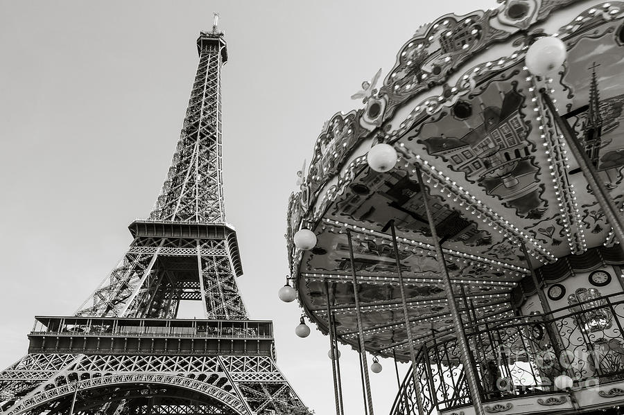 Carrousel De La Tour Eiffel- Black And White Photograph
