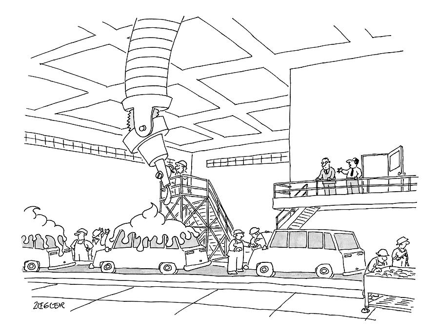 Cars On An Assembly Line Are Covered Drawing by Jack Ziegler