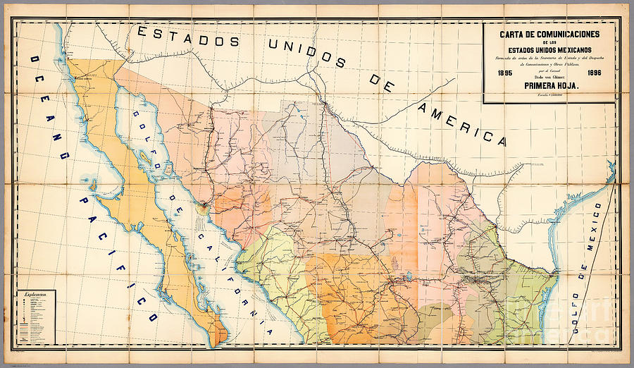 Map Painting - Carta de Comunicaciones de los Estados Unidos Mexicanos 1896 by Celestial Images