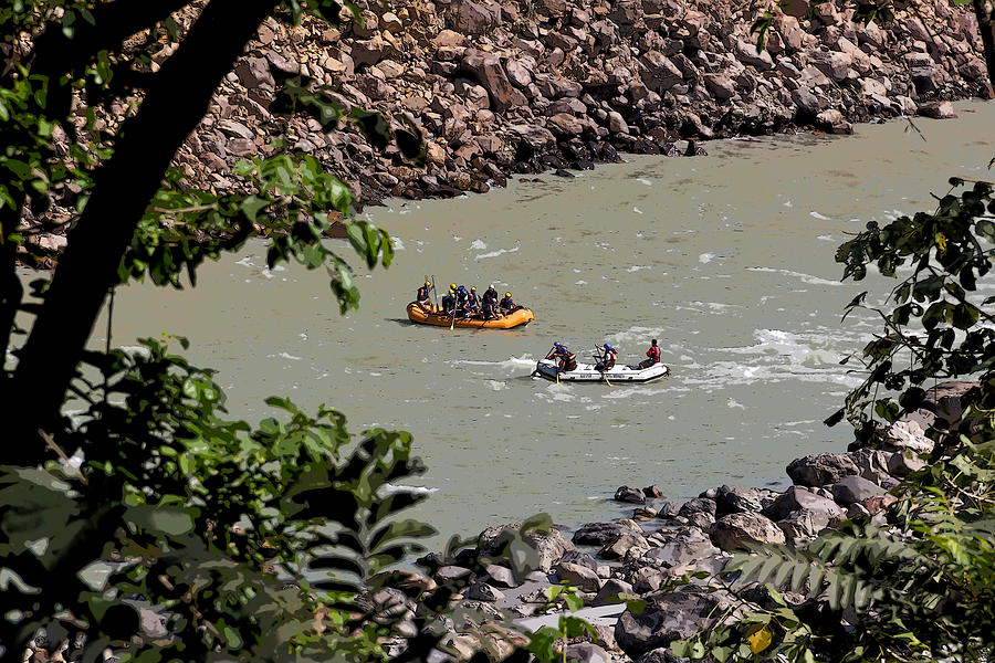 Cartoon - 2 rafts close to each other in the fast moving Ganga river near Rishikesh Photograph by Ashish Agarwal