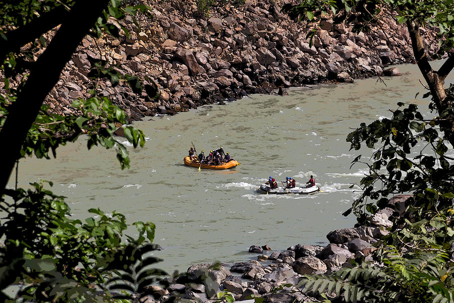 Cartoon - 2 rafts in the fast moving Ganga river near Rishikesh Photograph by Ashish Agarwal