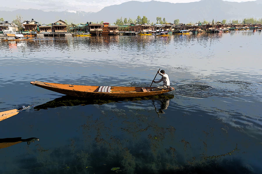Mountain Photograph - Cartoon - Boat among the weeds - man rowing his boat in the Dal Lake in Srinagar by Ashish Agarwal