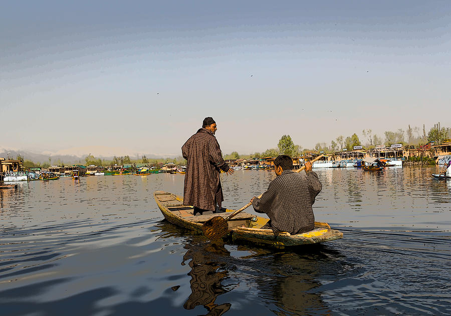 Cartoon - Kashmiri men plying a wooden boat in the Dal Lake in Srinagar Digital Art by Ashish Agarwal