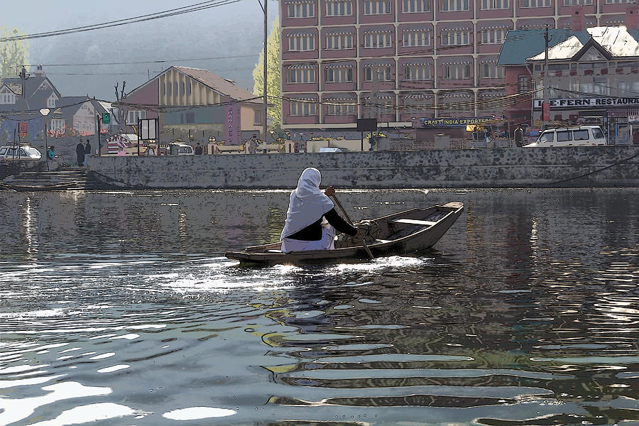 Landscape Photograph - Cartoon - Light following this lady on a wooden boat on the Dal Lake in Srinagar by Ashish Agarwal