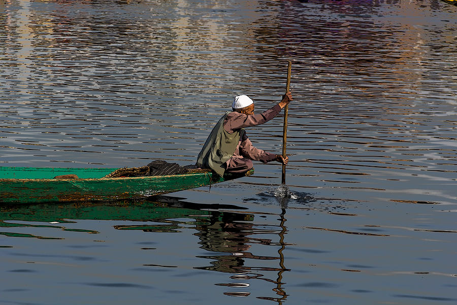 Cartoon - Man plying a wooden boat on the Dal Lake Digital Art by Ashish Agarwal