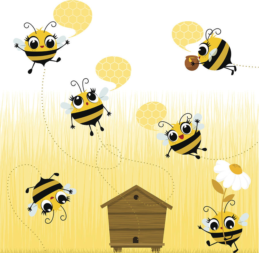 Cartoon bees flying around the wooden hive Drawing by Myillo