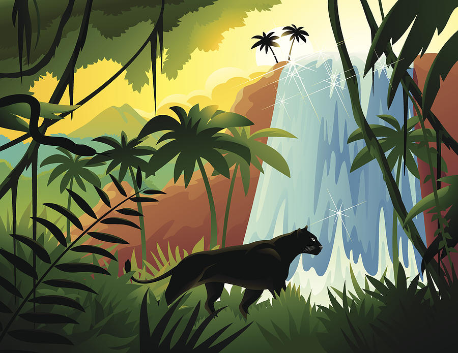 Cartoon Black Panther in Tropical Jungle Near Waterfall Drawing by AdiniMalibuBarbie