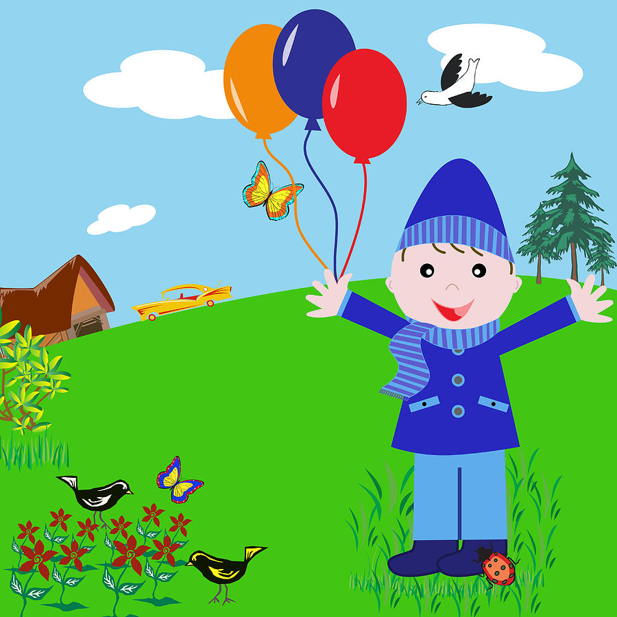 Cartoon Boy with Balloons in the Park by Toots Hallam