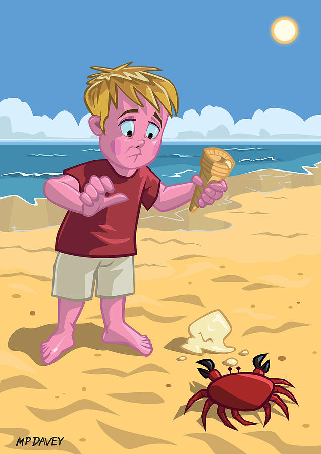 Cartoon Boy With Crab On Beach Digital Art by Martin Davey