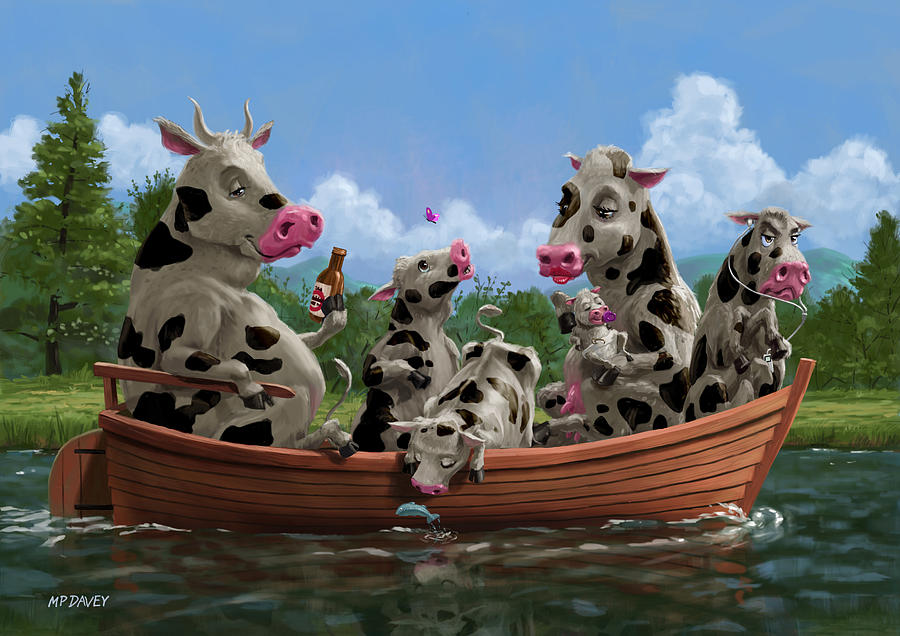 Cartoon Cow Family on Boating Holiday Painting by Martin Davey - Fine Art  America