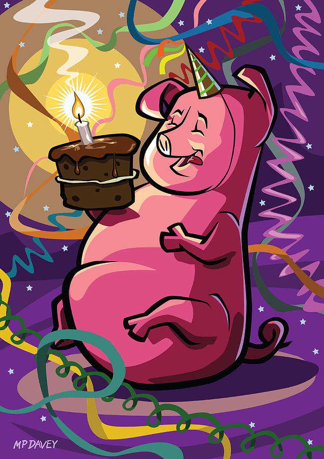 Cake Digital Art - Cartoon Fat Little Birthday Pig vector illustration by Martin Davey