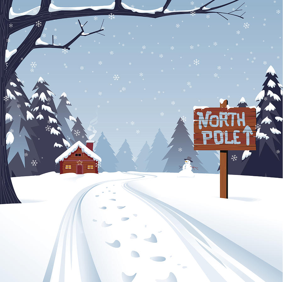 Cartoon illustration of the north pole with trees and snow Drawing by Soberve