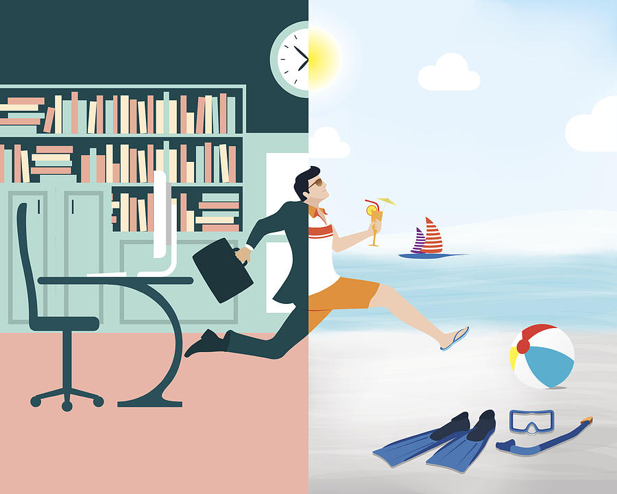 Cartoon showing a business man going from office to beach Drawing by Enisaksoy