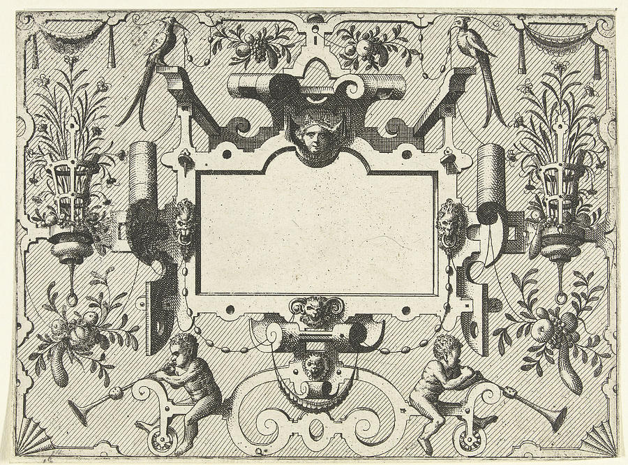 Flower Drawing - Cartouche Surrounded By Grotesques, With Left And Right by Johannes Or Lucas Van Doetechum And Hans Vredeman De Vries And Hieronymus Cock