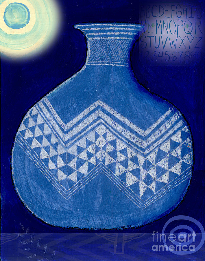 Blue Mixed Media - Carved Vase Under the Moon by Elaine Jackson Blue Mixed Media - Carved Vase Under the Moon by Elaine Jackson
