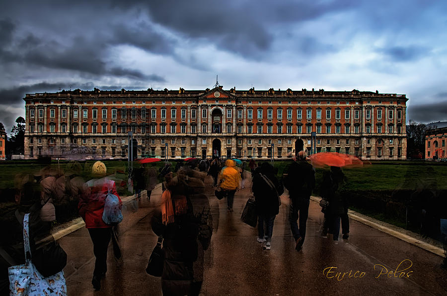 Caserta royal palace facade with running visitors under the rain Photograph by Enrico Pelos