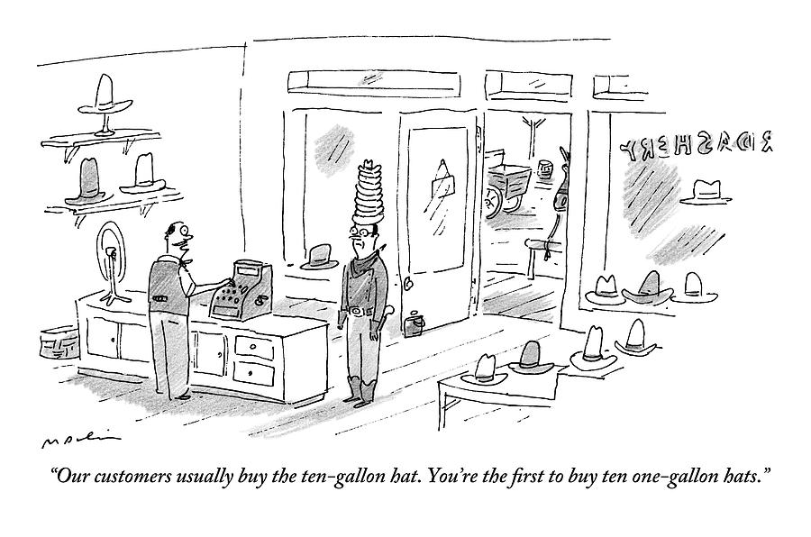 Cashier In A Hat Shop Talks To A Man Buying Ten Drawing by Michael Maslin