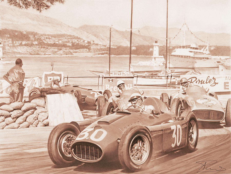 Lancia Painting - Castellotti Moss Fangio Ascari - Lancia D50 Mercedes Montecarlo 1955 by Alberto Ponno Lancia Painting - Castellotti Moss Fangio Ascari - Lancia D50 Mercedes Montecarlo 1955 by Alberto Ponno