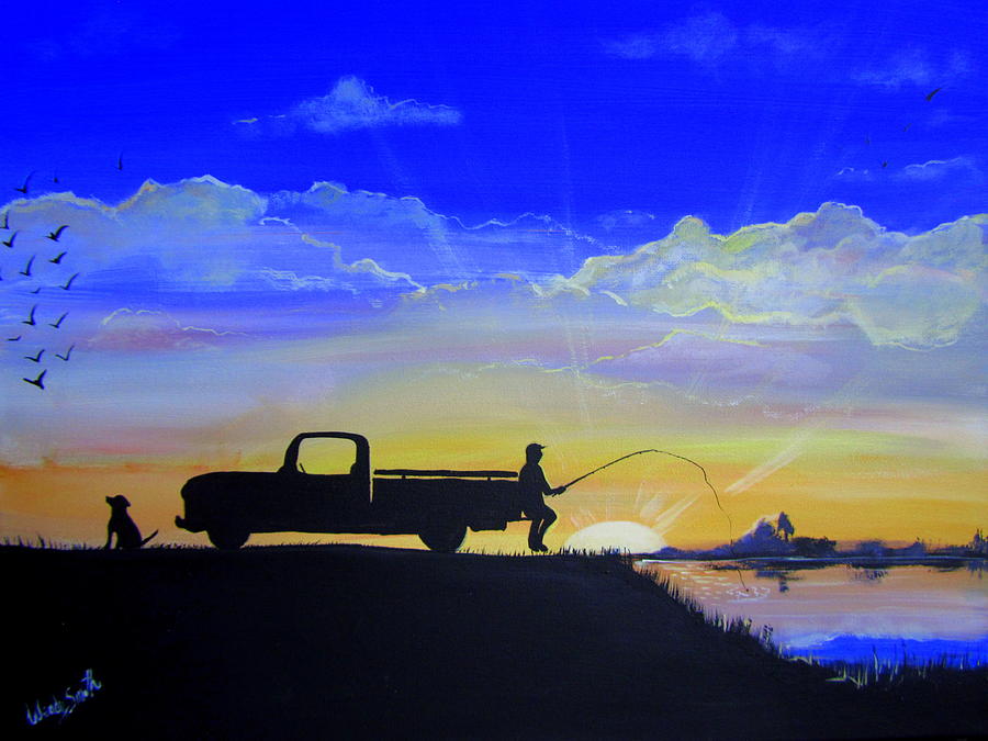 Sunset Painting - Casting a line by Wendy Smith