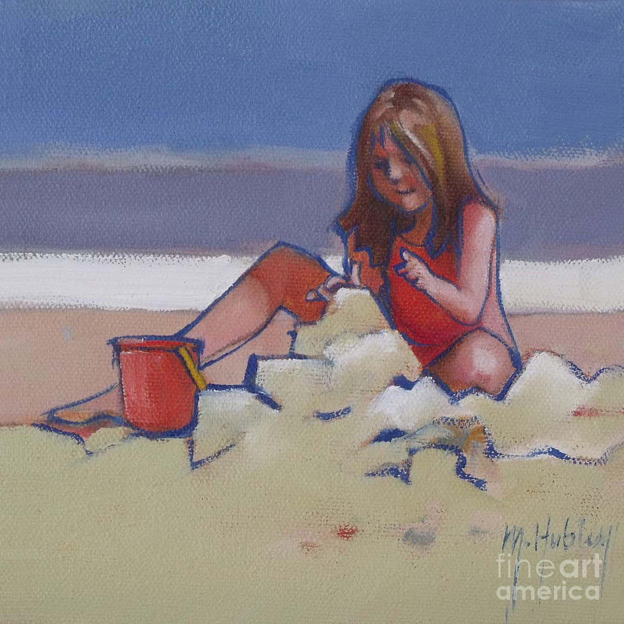 Castle Buiilding sandcastles on the beach Painting by Mary Hubley